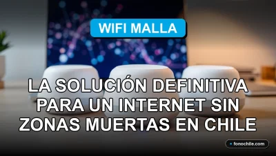Sistema de malla wifi moderno en una casa en Chile, eliminando zonas muertas de internet con gráficos abstractos de red en la pantalla.