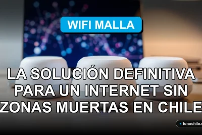 Sistema de malla wifi moderno en una casa en Chile, eliminando zonas muertas de internet con gráficos abstractos de red en la pantalla.