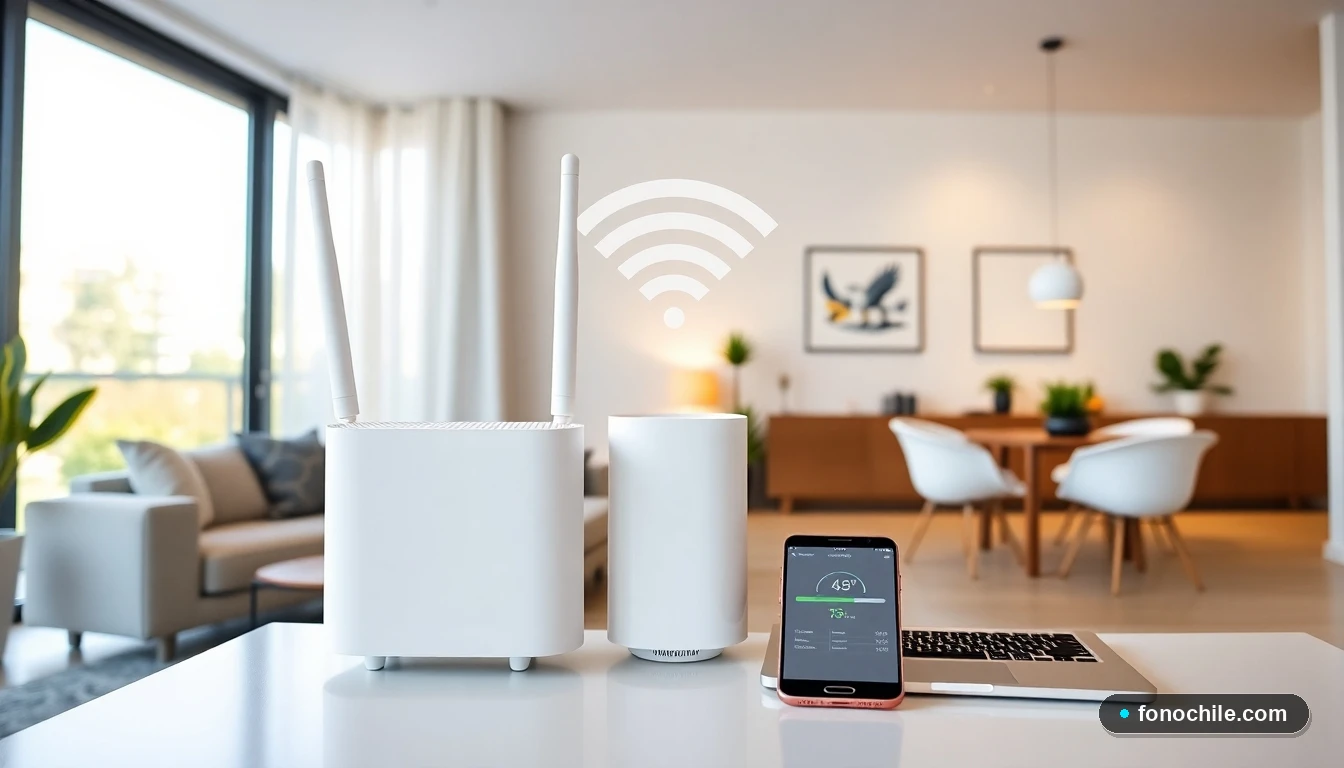 Sistema wifi malla en un hogar chileno moderno eliminando zonas muertas y mostrando conexión óptima