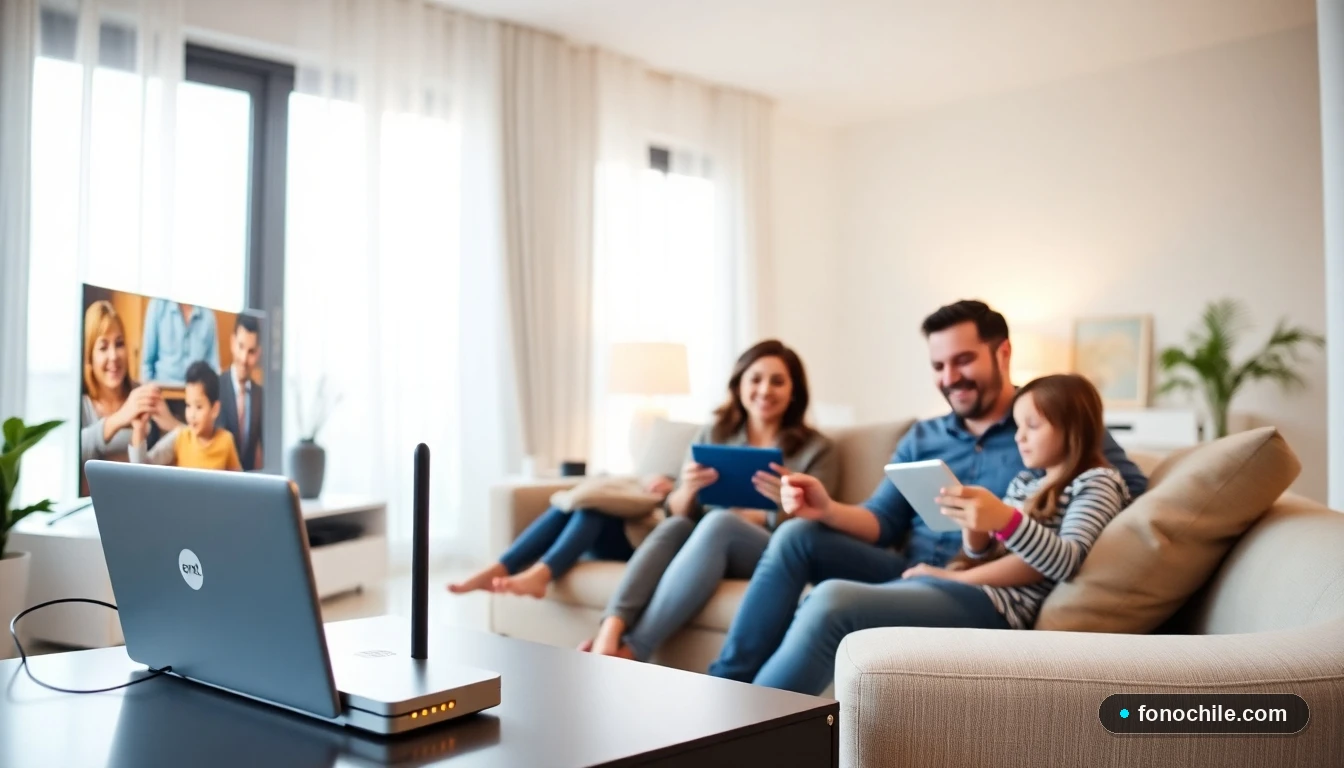 Familia chilena disfrutando de una conexión estable de fibra óptica Entel en su hogar con múltiples dispositivos.