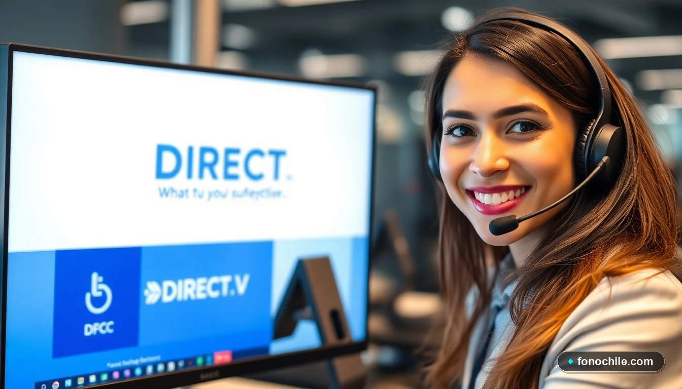 Agente de soporte técnico de DIRECTV Chile atendiendo consulta por teléfono en un call center moderno