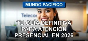 Mujer de Mundo Pacífico sonriendo en sucursal moderna, representando atención al cliente cercana y profesional en Chile.