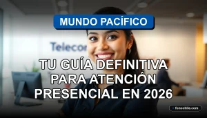 Mujer de Mundo Pacífico sonriendo en sucursal moderna, representando atención al cliente cercana y profesional en Chile.