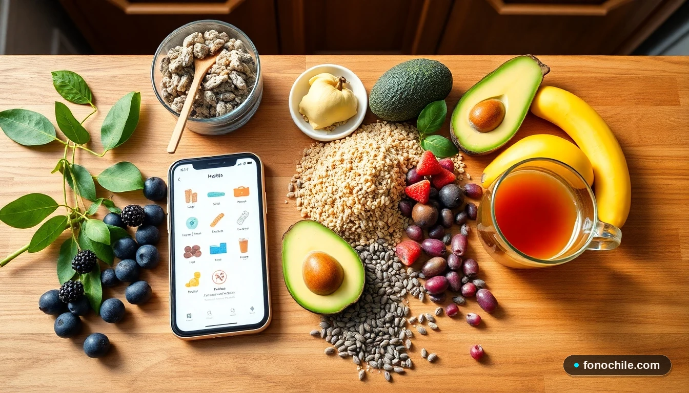 Superalimentos chilenos para energía: maqui, quinoa, chia y palta sobre mesa de madera.