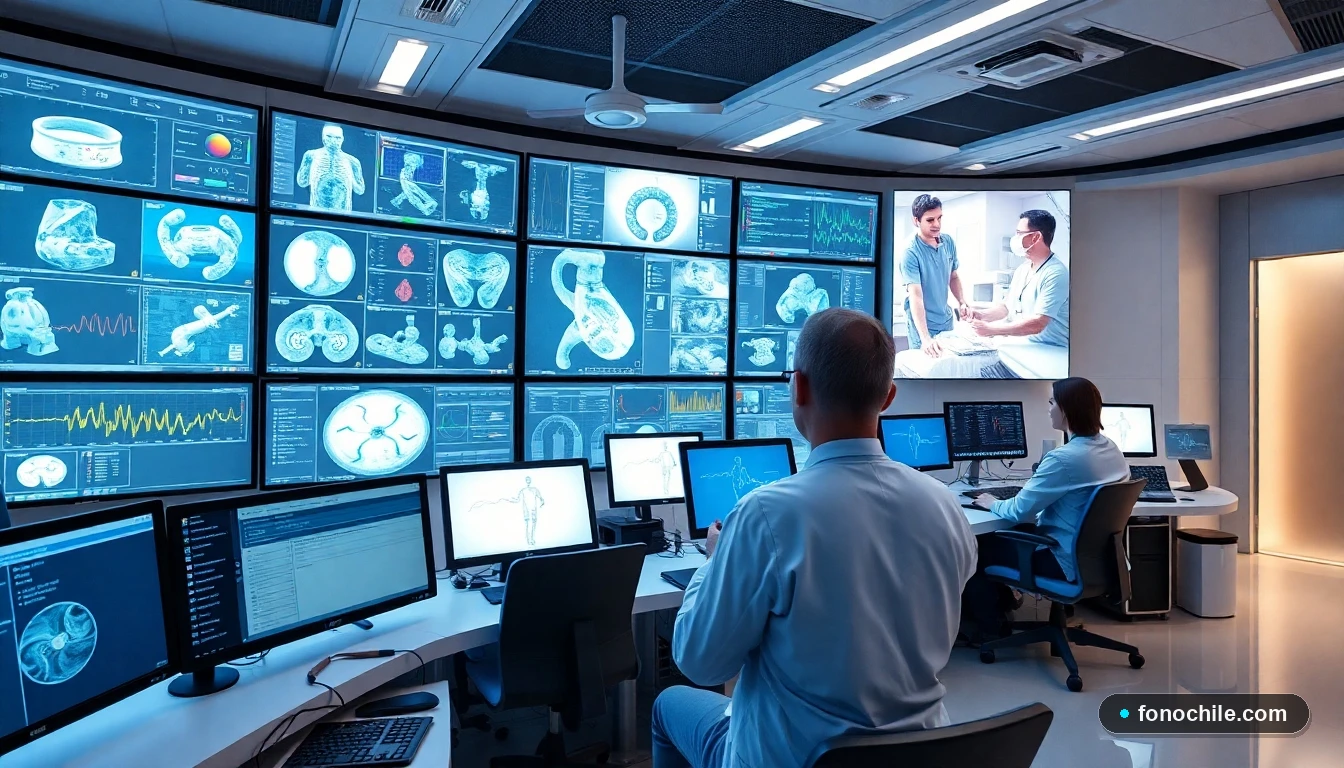 Control central de tecnología hospitalaria moderna en un centro médico chileno, mostrando monitores avanzados y profesionales médicos.