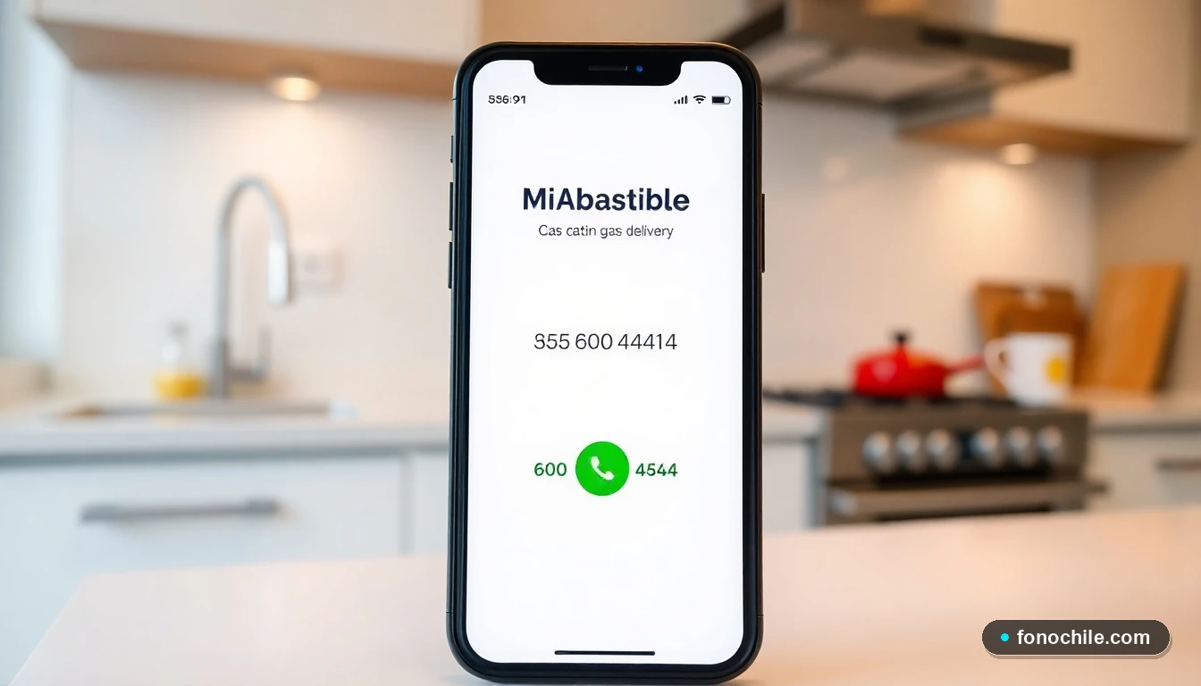Pantalla de smartphone mostrando la aplicación Mi Abastible y el número de teléfono 600 600 4444 para contacto y emergencias.