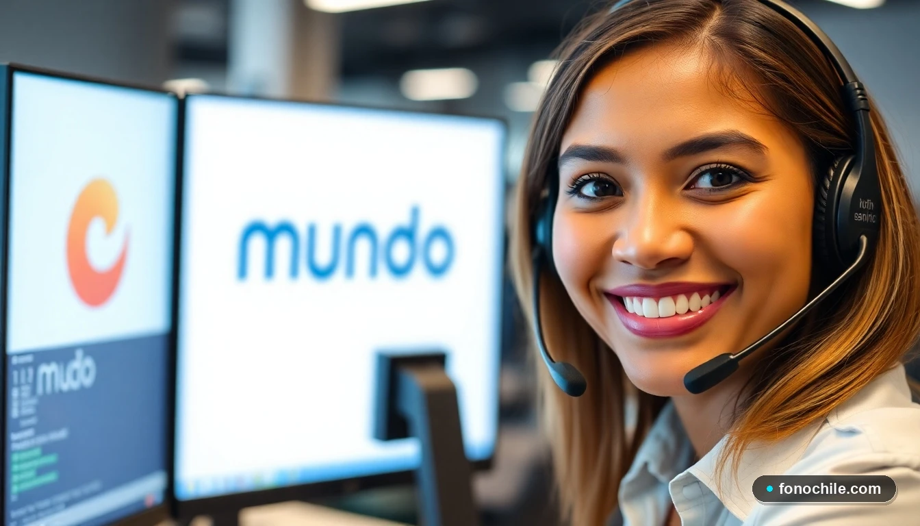 Agente de atención al cliente Mundo en Chile atendiendo llamada telefónica con sonrisa
