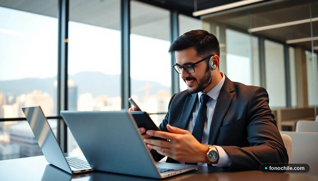Profesional en Chile utilizando teléfono y computador para contactar servicios empresariales