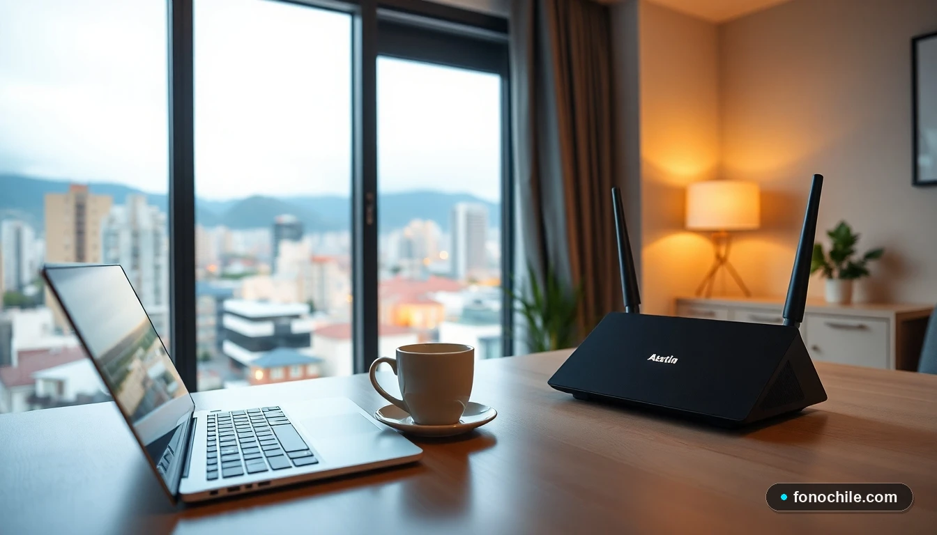 Home office moderno en Chile para teletrabajo con laptop y conexión a internet de alta velocidad