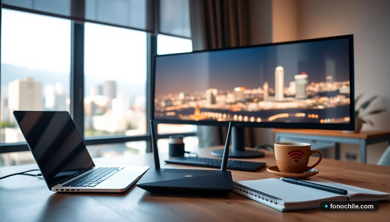Home office moderno en Chile para teletrabajo con conexión a internet estable y doble monitor