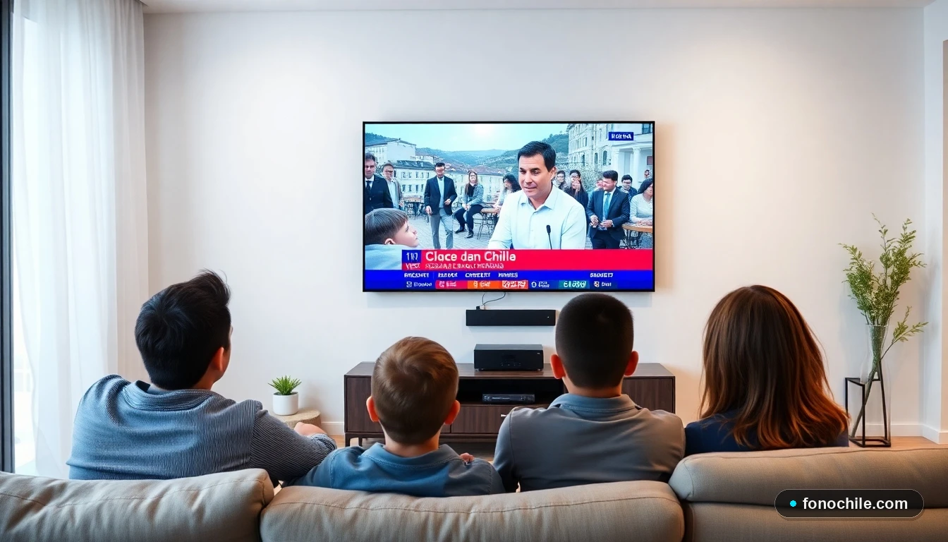 Familia chilena viendo televisión digital abierta en su sala de estar moderna.