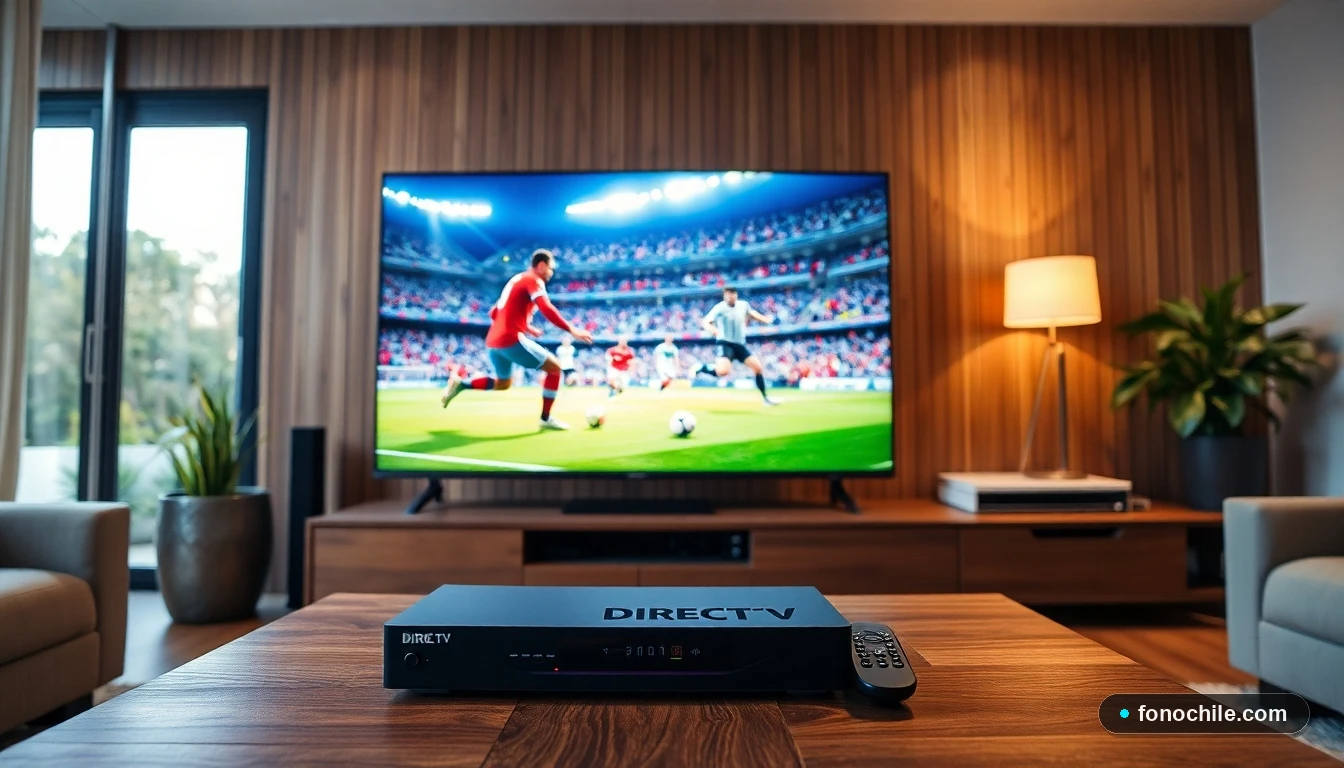 Salón moderno en Chile con televisor de pantalla plana mostrando fútbol en alta definición y decodificador DIRECTV