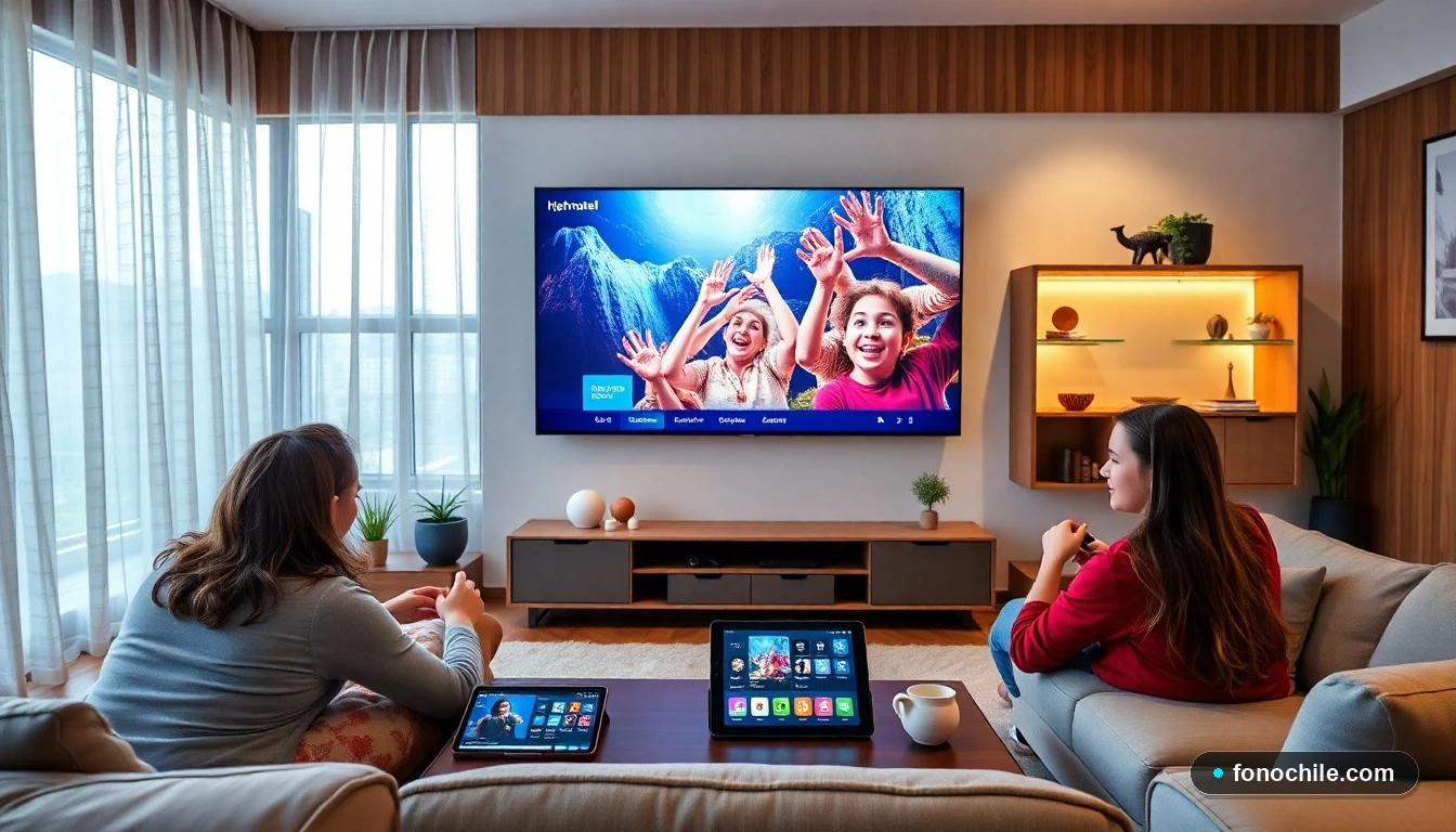 Familia chilena disfrutando de televisión digital y streaming en su sala de estar moderna.