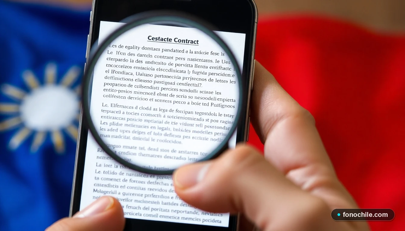 Persona revisando detenidamente los términos y condiciones de un contrato móvil en su teléfono en Chile.