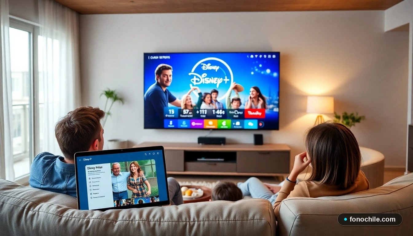 Familia chilena disfrutando de Disney+ en su hogar mientras revisa los términos de suscripción en un portátil