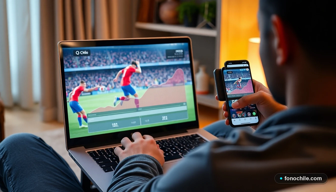 Persona en Chile viendo fútbol online en múltiples dispositivos con test de velocidad superpuesto