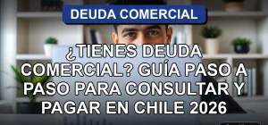 Hombre consultando deuda comercial en Chile usando un computador portátil con gráficos abstractos en la pantalla.