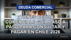 Hombre consultando deuda comercial en Chile usando un computador portátil con gráficos abstractos en la pantalla.