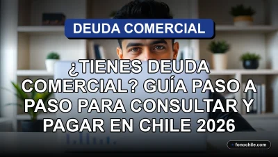 Hombre consultando deuda comercial en Chile usando un computador portátil con gráficos abstractos en la pantalla.