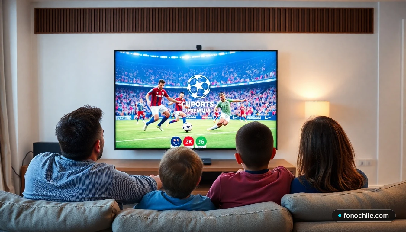 Familia chilena disfrutando de un partido de fútbol en vivo por TNT Sports Premium en su televisor con conexión de fibra óptica.