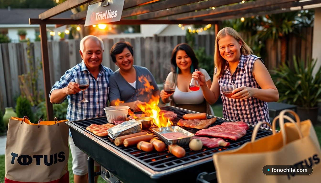 Familia chilena disfrutando de un asado con cortes de carne premium de Tottus en su patio.