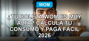 Mujer revisando su consumo de datos y boleta de WOM en su teléfono inteligente, mostrando gráficos de uso en la pantalla.