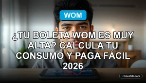 Mujer revisando su consumo de datos y boleta de WOM en su teléfono inteligente, mostrando gráficos de uso en la pantalla.