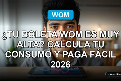 Mujer revisando su consumo de datos y boleta de WOM en su teléfono inteligente, mostrando gráficos de uso en la pantalla.