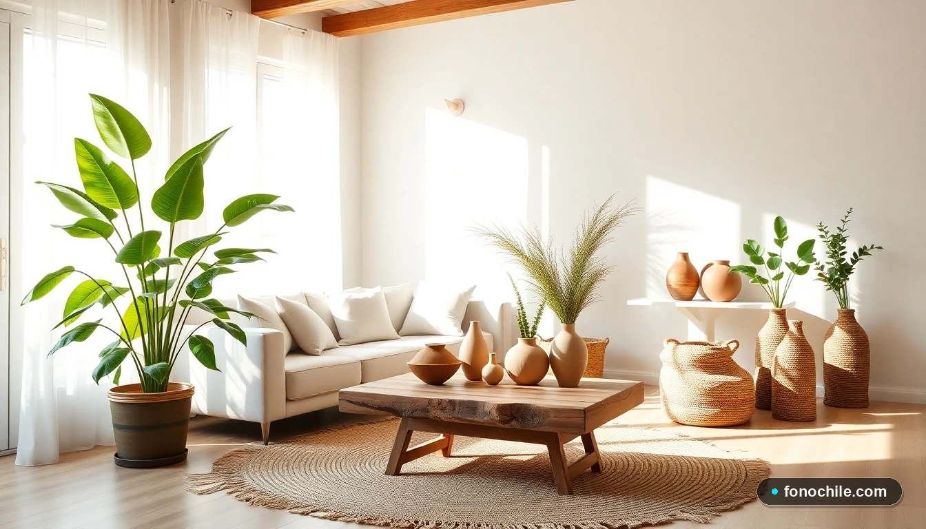 Sala de estar moderna y sostenible en un hogar chileno con decoración ecológica