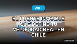Un router WiFi moderno sobre un escritorio de madera en una casa en Chile, mostrando gráficos abstractos de colores en su pantalla, representando la velocidad de internet.