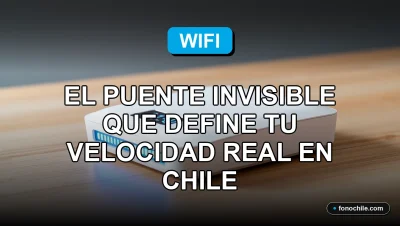 Un router WiFi moderno sobre un escritorio de madera en una casa en Chile, mostrando gráficos abstractos de colores en su pantalla, representando la velocidad de internet.