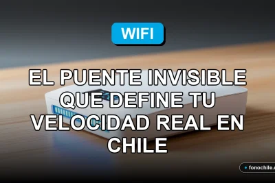 Un router WiFi moderno sobre un escritorio de madera en una casa en Chile, mostrando gráficos abstractos de colores en su pantalla, representando la velocidad de internet.