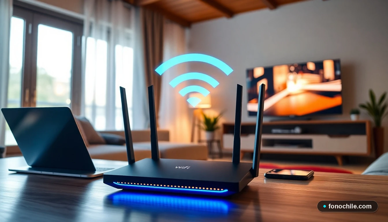 Router WiFi moderno en un hogar chileno distribuyendo señal de alta velocidad a múltiples dispositivos