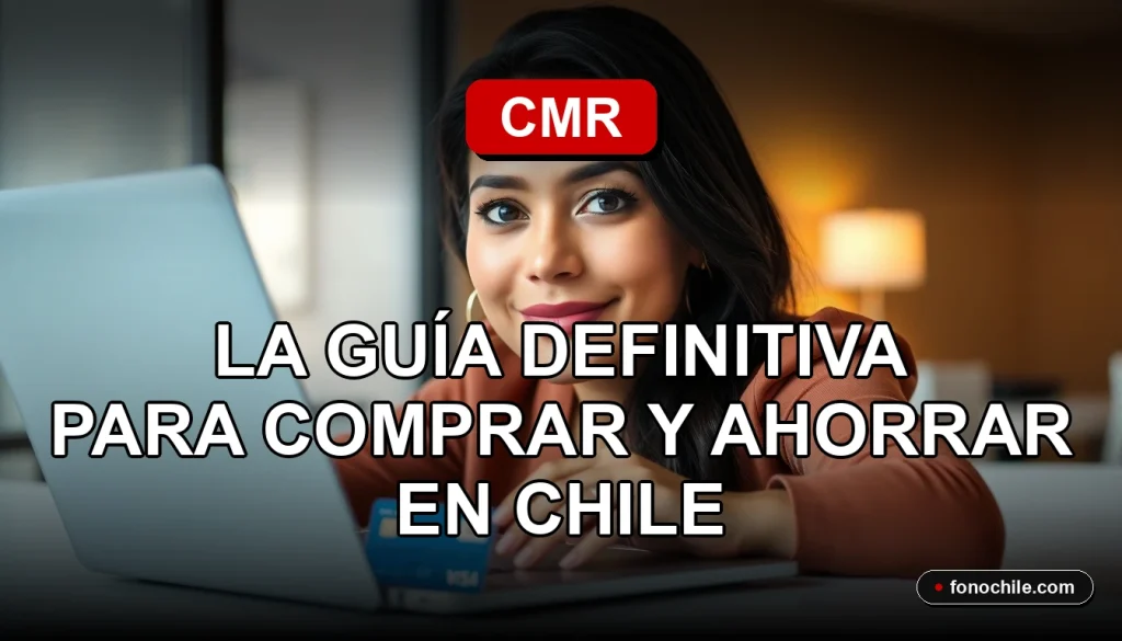 Tarjeta de crédito CMR sobre escritorio con gráficos abstractos en pantalla de laptop, guía para comprar y ahorrar en Chile.