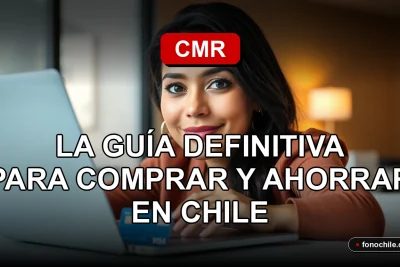 Tarjeta de crédito CMR sobre escritorio con gráficos abstractos en pantalla de laptop, guía para comprar y ahorrar en Chile.