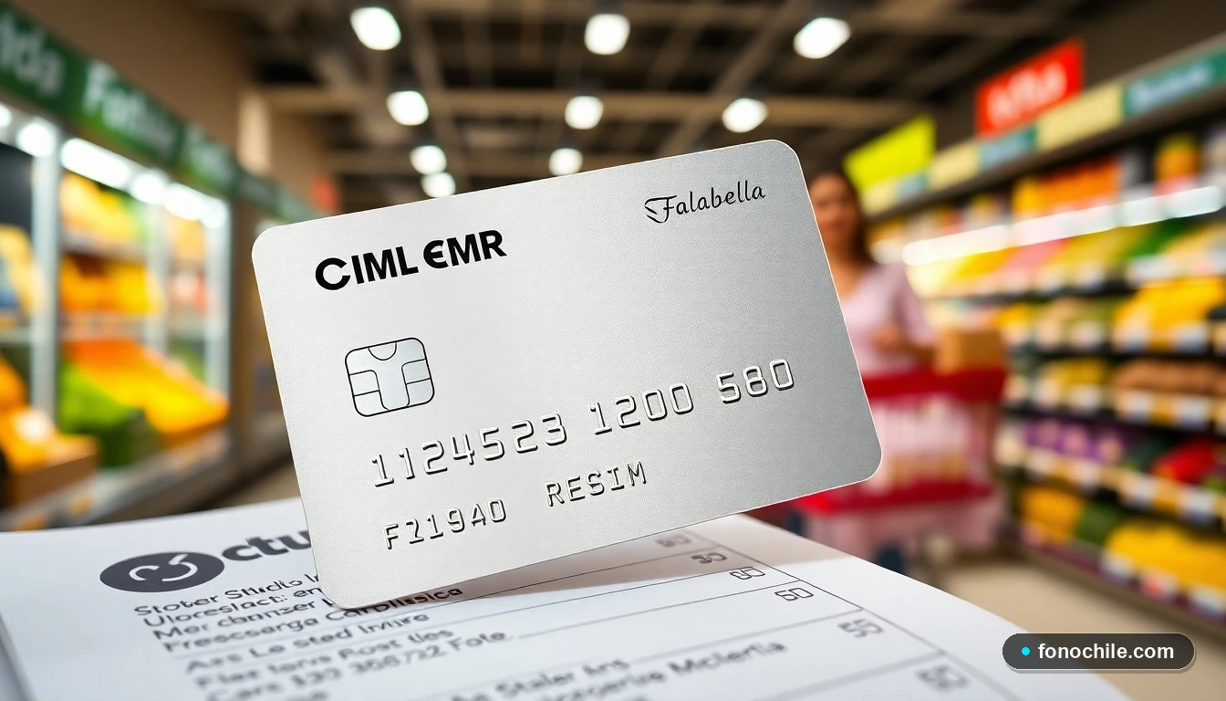 Tarjeta de crédito CMR Falabella sobre un ticket de compras en supermercado, símbolo de ahorro y beneficios en Chile.