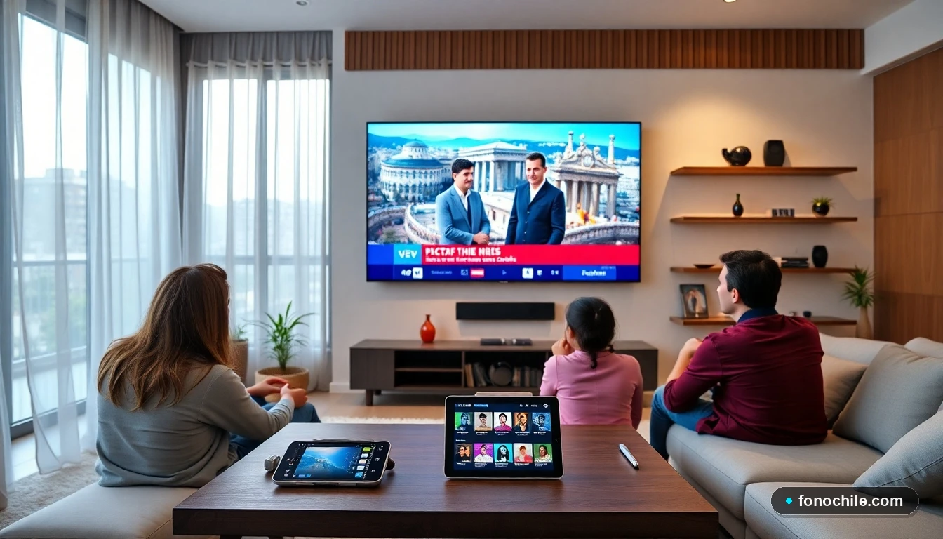 Familia chilena viendo televisión gratis en su sala mediante una smart TV y dispositivos móviles.