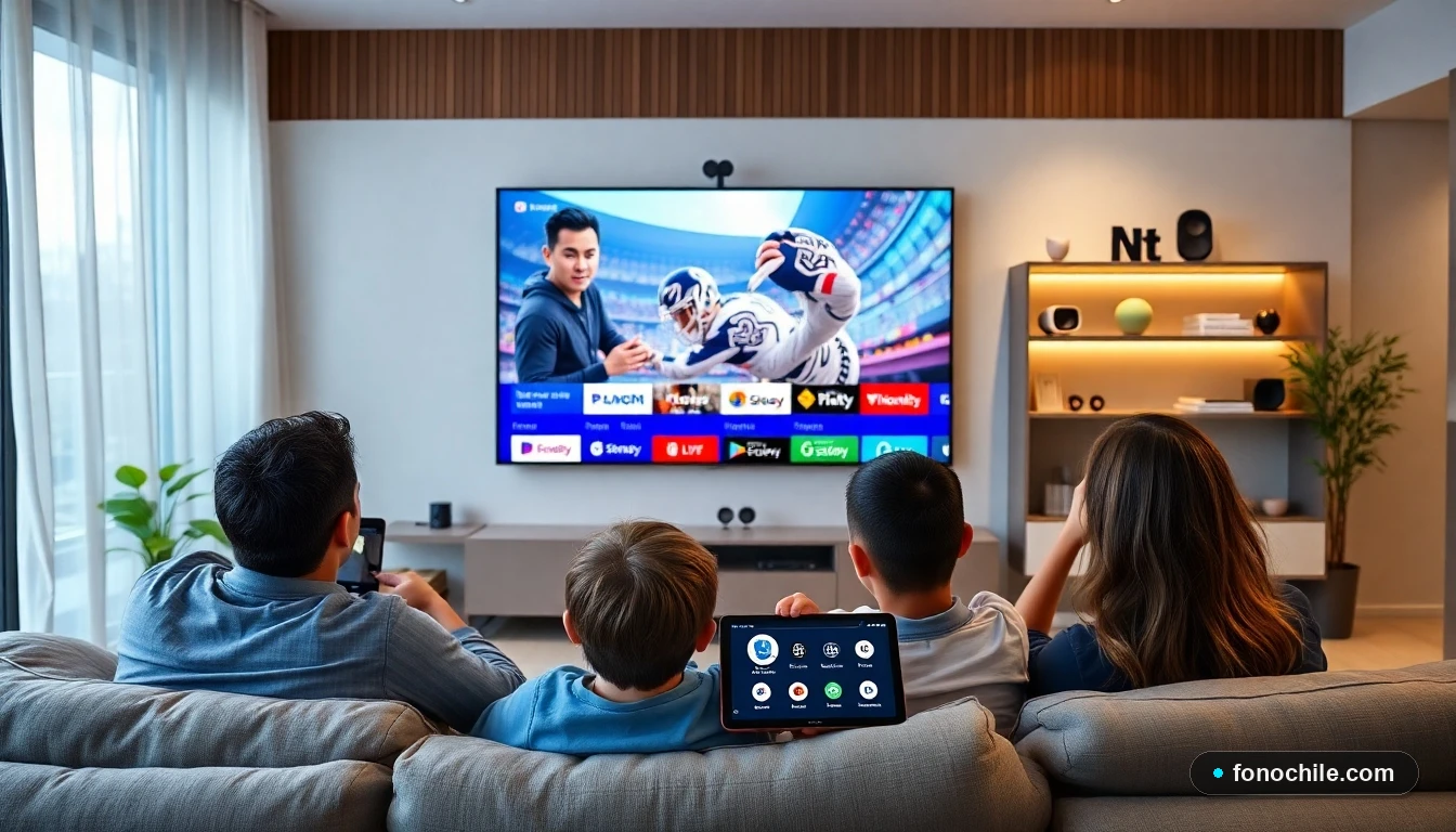 Familia chilena viendo televisión gratis en un smart TV con aplicaciones de streaming gratuitas en 2026