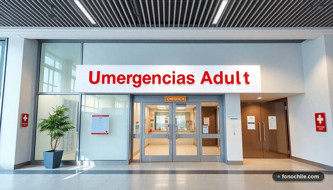Entrada moderna y señalizada de Urgencias Adultos en un centro médico chileno