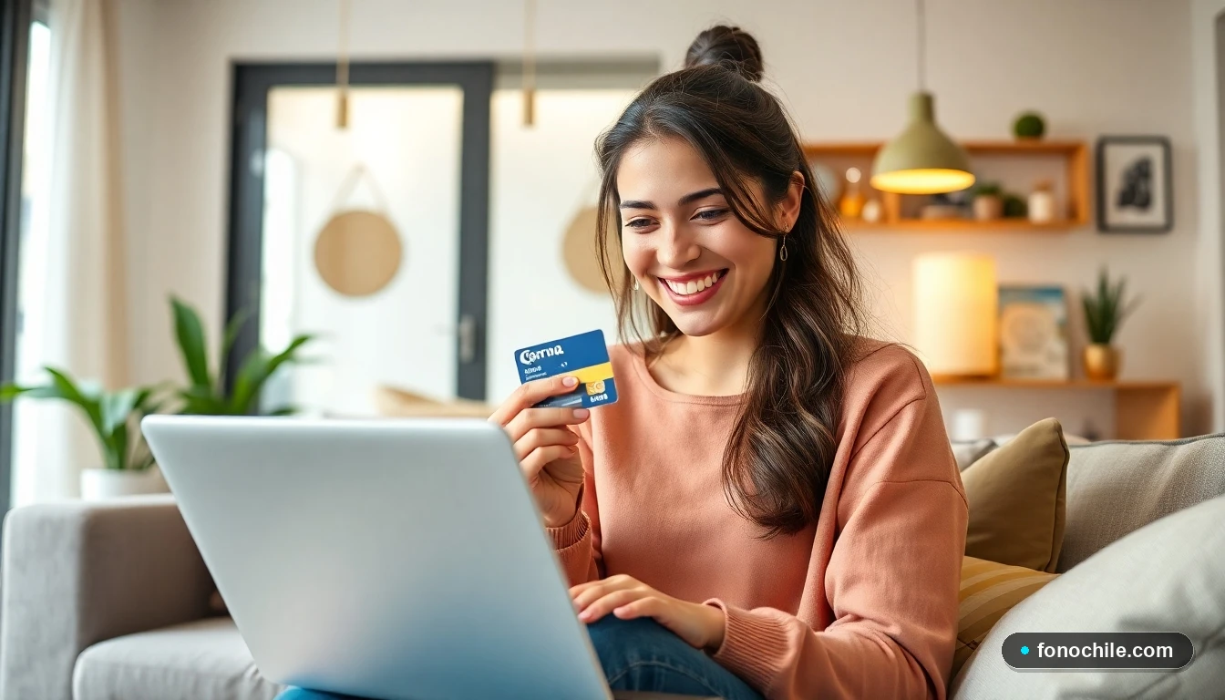 Mujer chilena feliz usando su Tarjeta Corona para compras online en un ambiente hogareño moderno