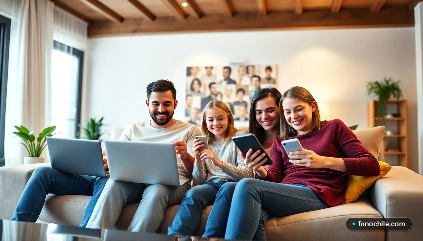 Familia chilena disfrutando de múltiples dispositivos conectados simultáneamente gracias a una conexión de fibra óptica estable y rápida.