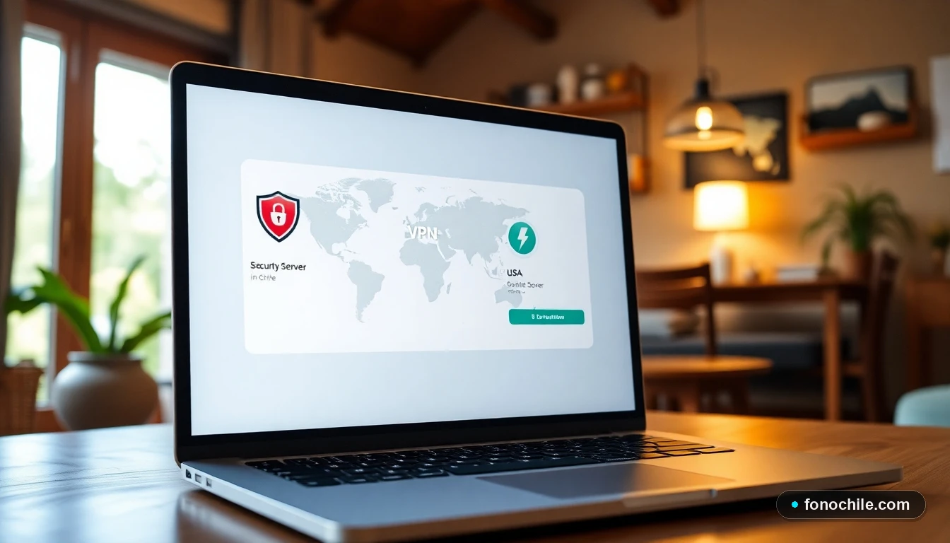 Interfaz de VPN rápido mostrando conexión segura entre Chile y servidores internacionales en un laptop