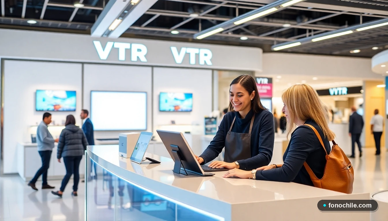 Atención al cliente en sucursal VTR Chile, oficina moderna y servicio personalizado