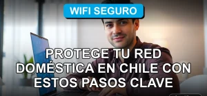 Hombre hispano experto en tecnología revisando la seguridad de su red WiFi doméstica en Chile con una laptop moderna.