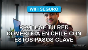 Hombre hispano experto en tecnología revisando la seguridad de su red WiFi doméstica en Chile con una laptop moderna.