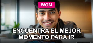 Mujer sonriente revisando el horario de atención de WOM en su teléfono inteligente en un ambiente moderno.