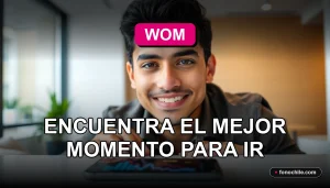 Mujer sonriente revisando el horario de atención de WOM en su teléfono inteligente en un ambiente moderno.