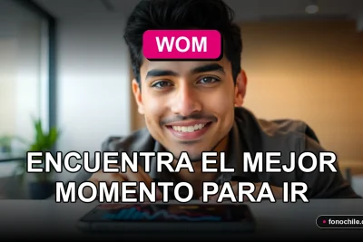 Mujer sonriente revisando el horario de atención de WOM en su teléfono inteligente en un ambiente moderno.