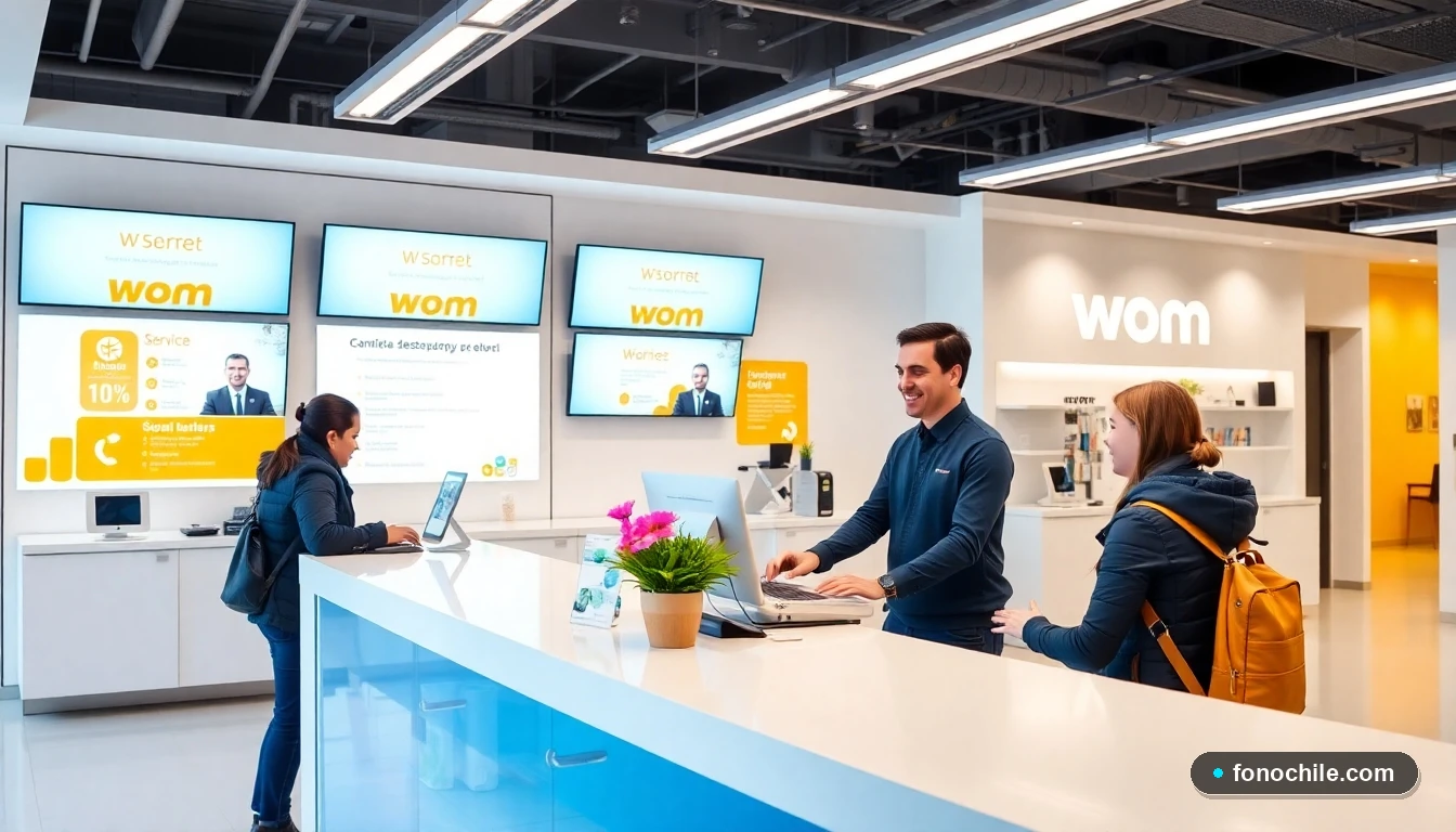 Cliente siendo atendido en mostrador de sucursal WOM en Chile, mostrando servicio al cliente eficiente