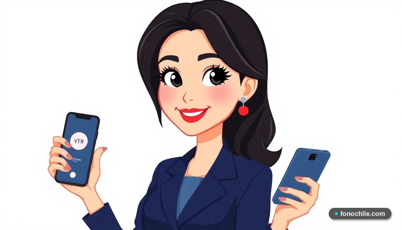 Mujer joven sonriente con smartphone frente a fondo degradado lavanda y durazno, representando atención al cliente de telefonía en Chile.
